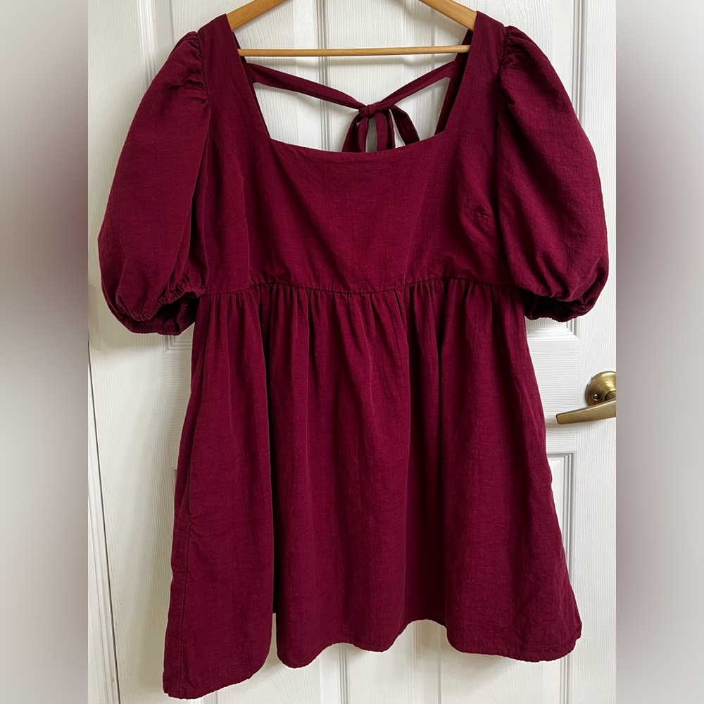 Altar’d State/Arula Cottagecore Cotton Red/Burgundy dress puff sleeves w/pockets